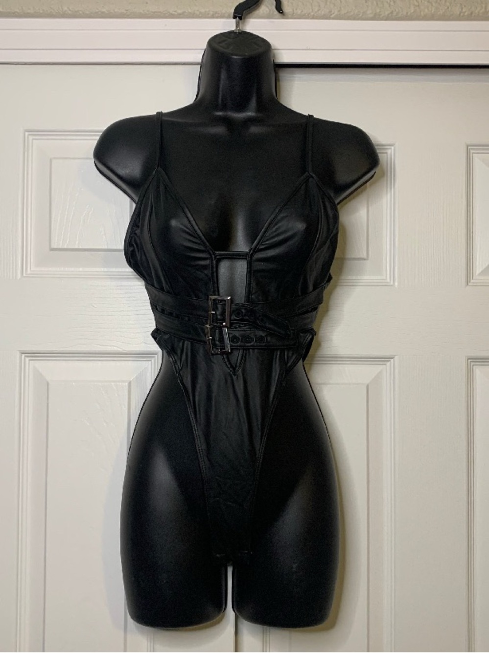 Black Faux Leather Belt Wrapped Bodysuit